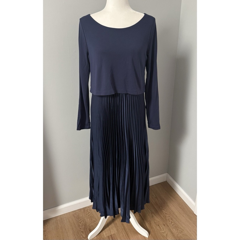 Soft Surroundings Pleated Skirt Long Sleeve Cassandra Midi Dress Navy Blue Sz M